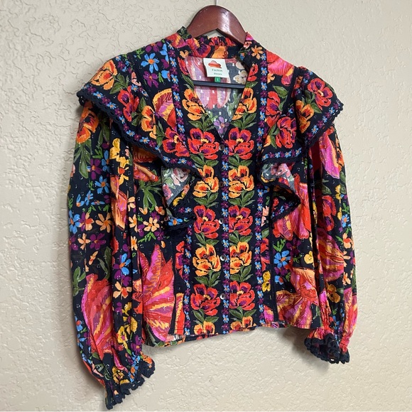 Farm Rio floral top ruffled button down puff sleeves size small 100% cotton - Picture 8 of 8